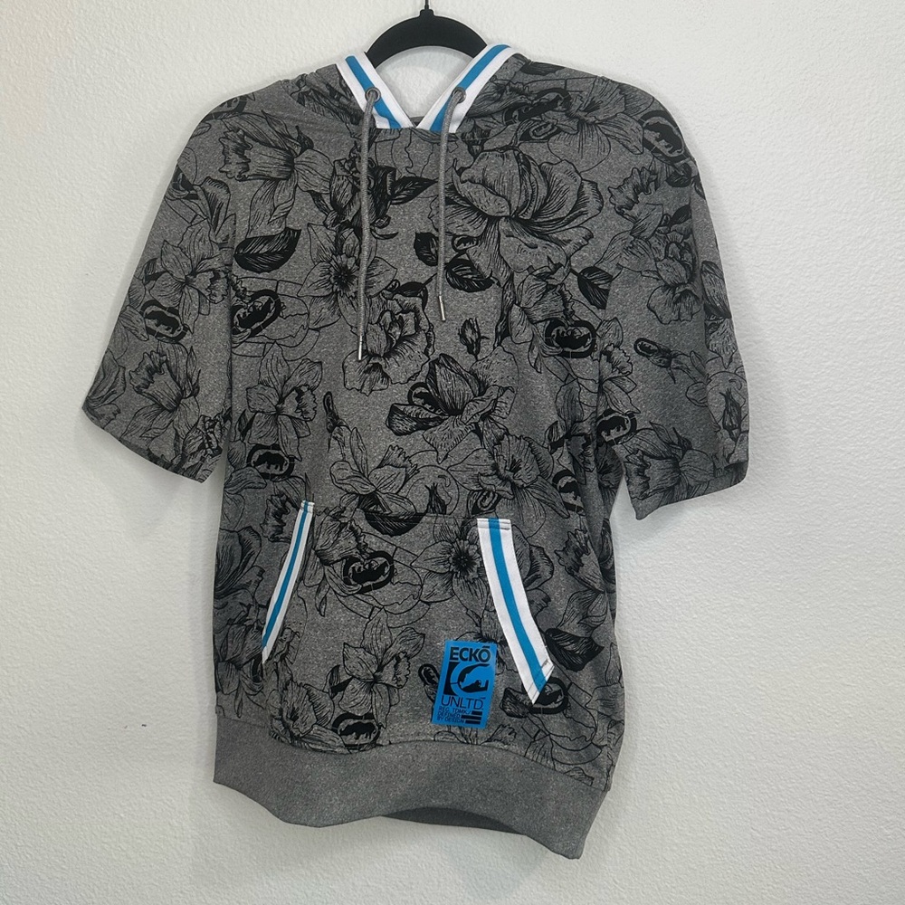 Gray Floral Hoodie with Blue Accents